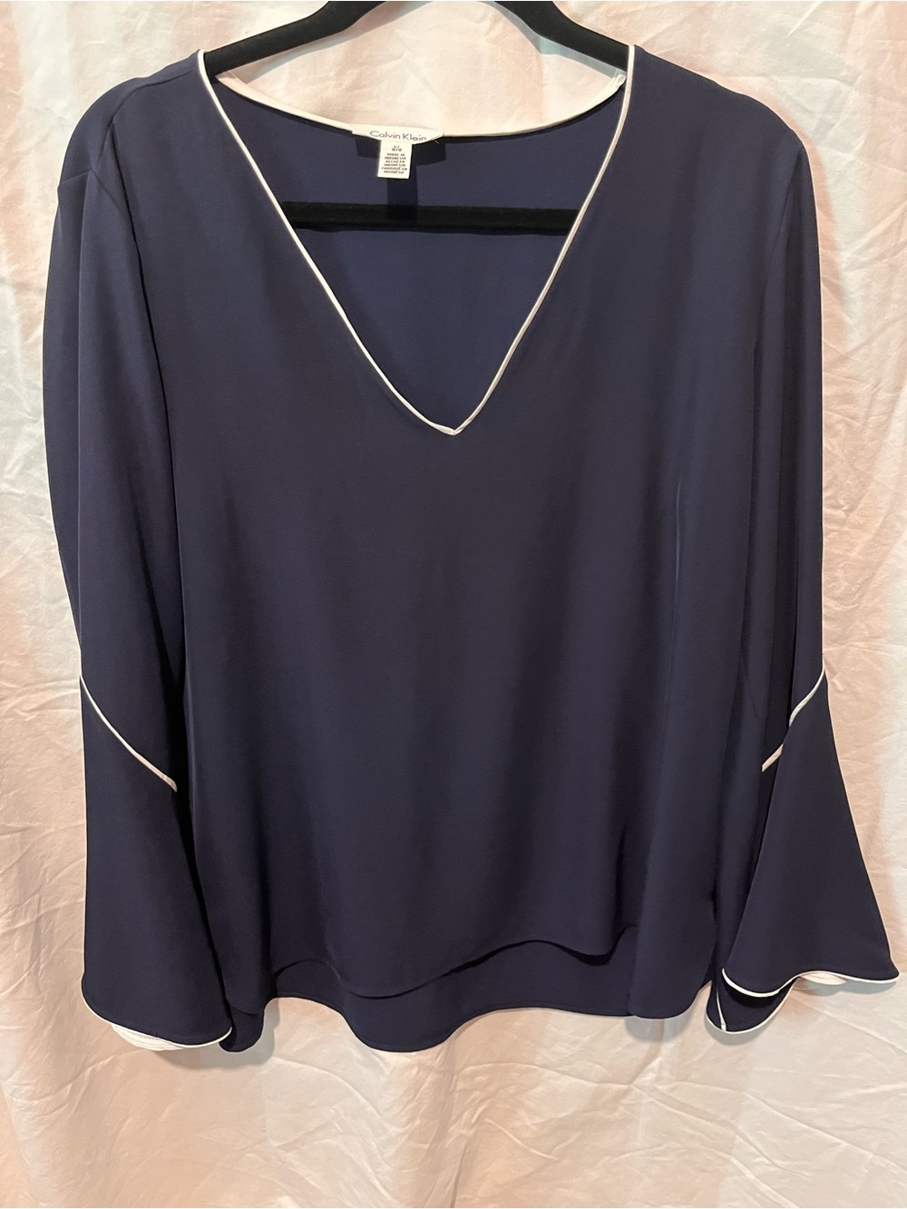 Calvin Klein Navy V-Neck Blouse with White Piping